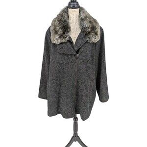 JONES NEW YORK Coat Size 3X Heavy Black Tweed Zip Faux Fur Collar